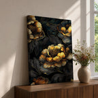A detailed framed canvas artwork featuring large peony flowers with intricate petals and leaves in a botanical floral style. The composition highlights the natural form of peonies with a dark background that enhances the floral elements, creating a striking and elegant floral piece.