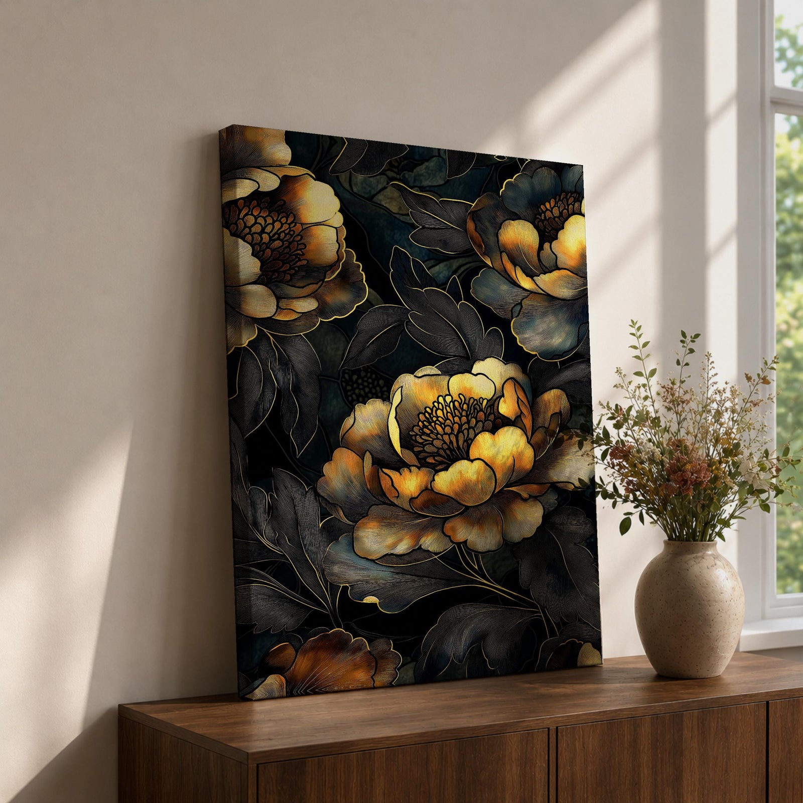 A detailed framed canvas artwork featuring large peony flowers with intricate petals and leaves in a botanical floral style. The composition highlights the natural form of peonies with a dark background that enhances the floral elements, creating a striking and elegant floral piece.
