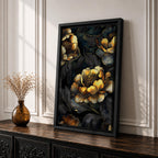 A detailed framed canvas artwork featuring large peony flowers with intricate petals and leaves in a botanical floral style. The composition highlights the natural form of peonies with a dark background that enhances the floral elements, creating a striking and elegant floral piece.