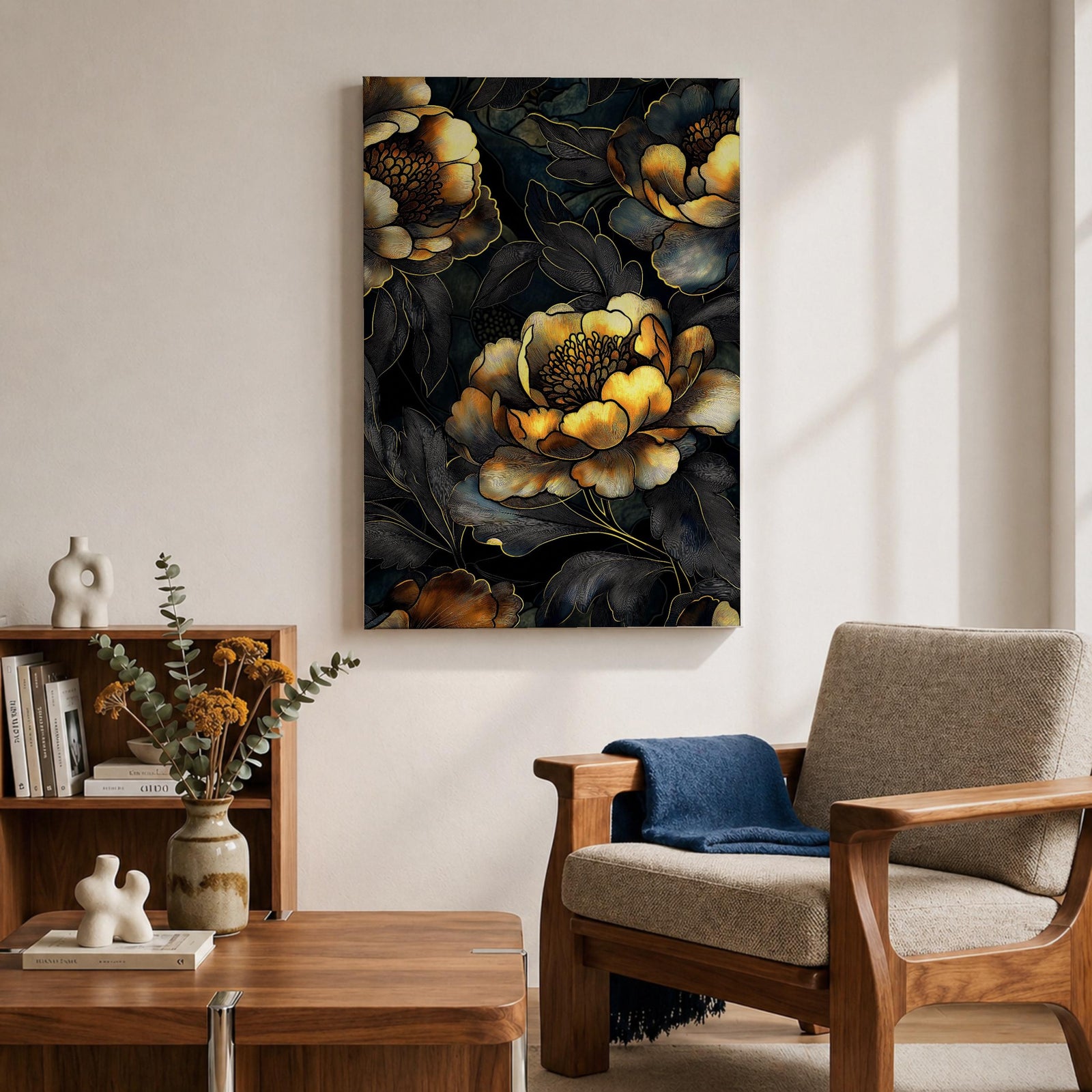 A detailed framed canvas artwork featuring large peony flowers with intricate petals and leaves in a botanical floral style. The composition highlights the natural form of peonies with a dark background that enhances the floral elements, creating a striking and elegant floral piece.