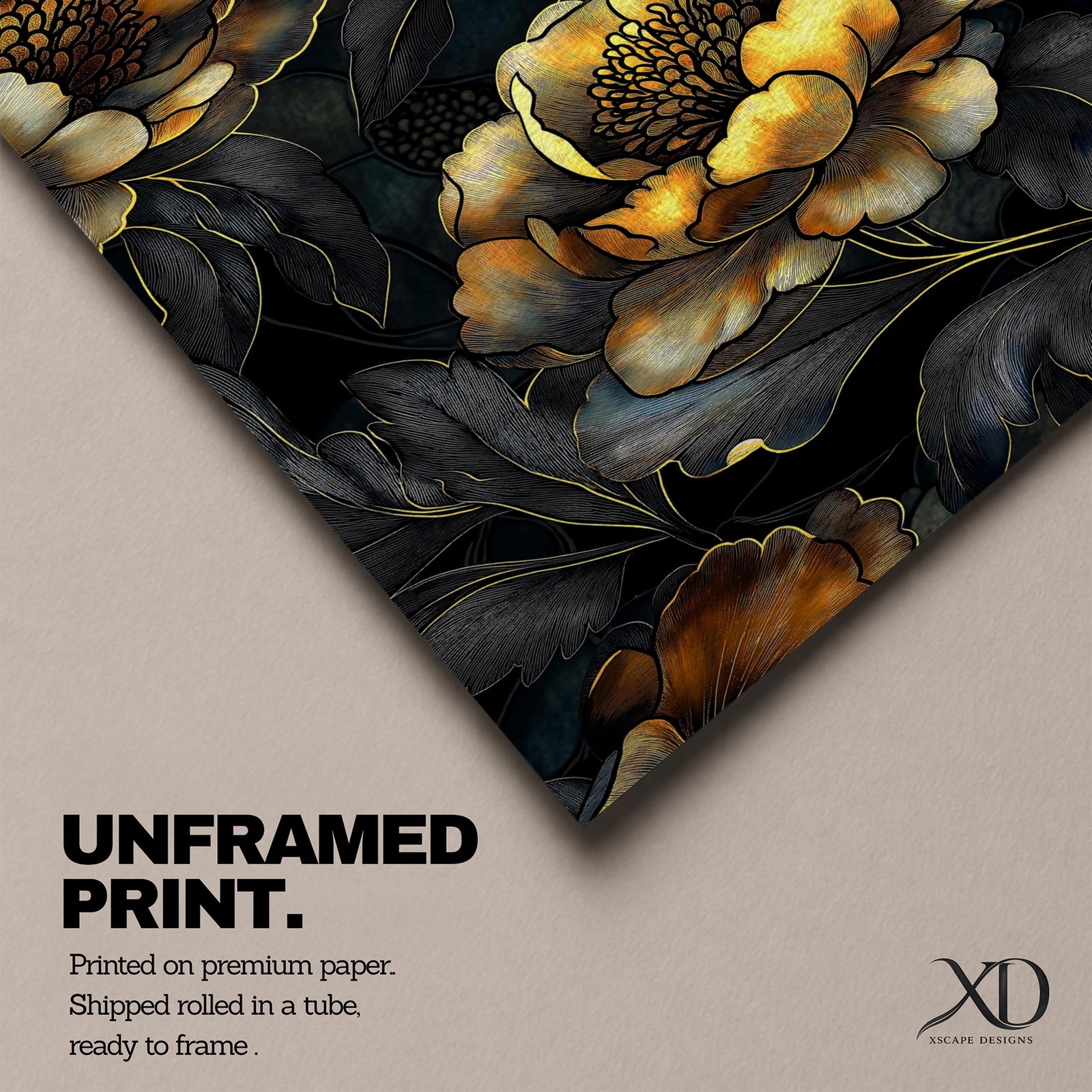 A detailed framed canvas artwork featuring large peony flowers with intricate petals and leaves in a botanical floral style. The composition highlights the natural form of peonies with a dark background that enhances the floral elements, creating a striking and elegant floral piece.