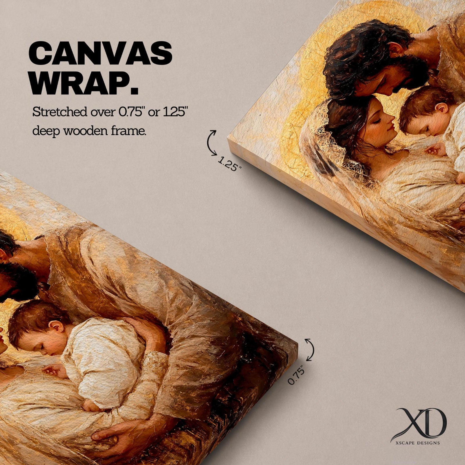 Devotional painting of the Holy Family showing Mary and Joseph gently holding baby Jesus while their heads lean together in a tender embrace. Soft golden halos glow behind the figures as warm earth tones and delicate brushwork create an intimate vintage style Christian portrait focused on the sacred family bond.