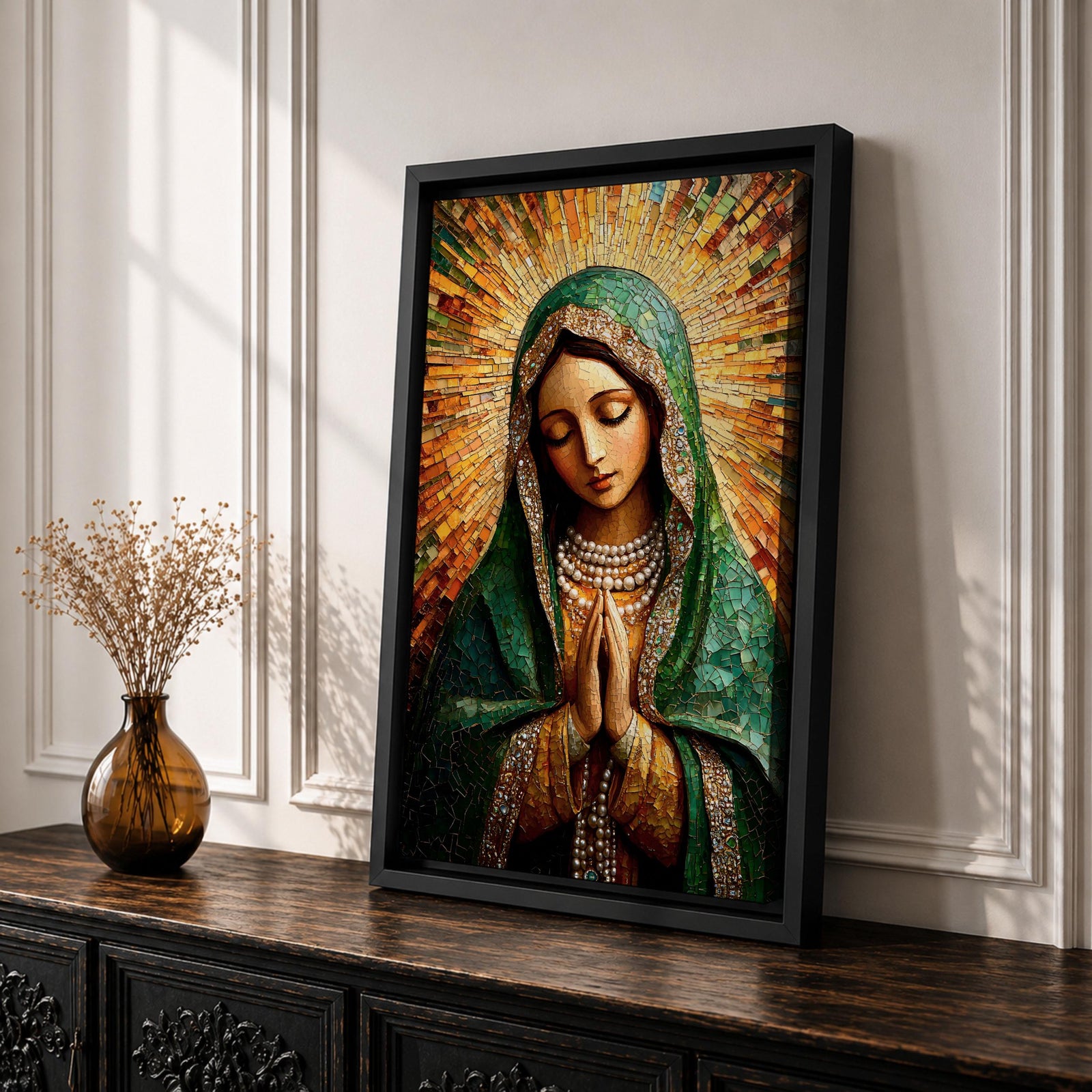 Mosaic style portrait of Our Lady of Guadalupe with hands clasped in prayer, wearing a green mantle and pearl adorned garments while radiant golden rays form a halo behind her head. The composition uses detailed mosaic tile textures to create the Virgin Mary’s serene expression in a traditional Catholic devotional portrait.