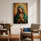 Mosaic style portrait of Our Lady of Guadalupe with hands clasped in prayer, wearing a green mantle and pearl adorned garments while radiant golden rays form a halo behind her head. The composition uses detailed mosaic tile textures to create the Virgin Mary’s serene expression in a traditional Catholic devotional portrait.