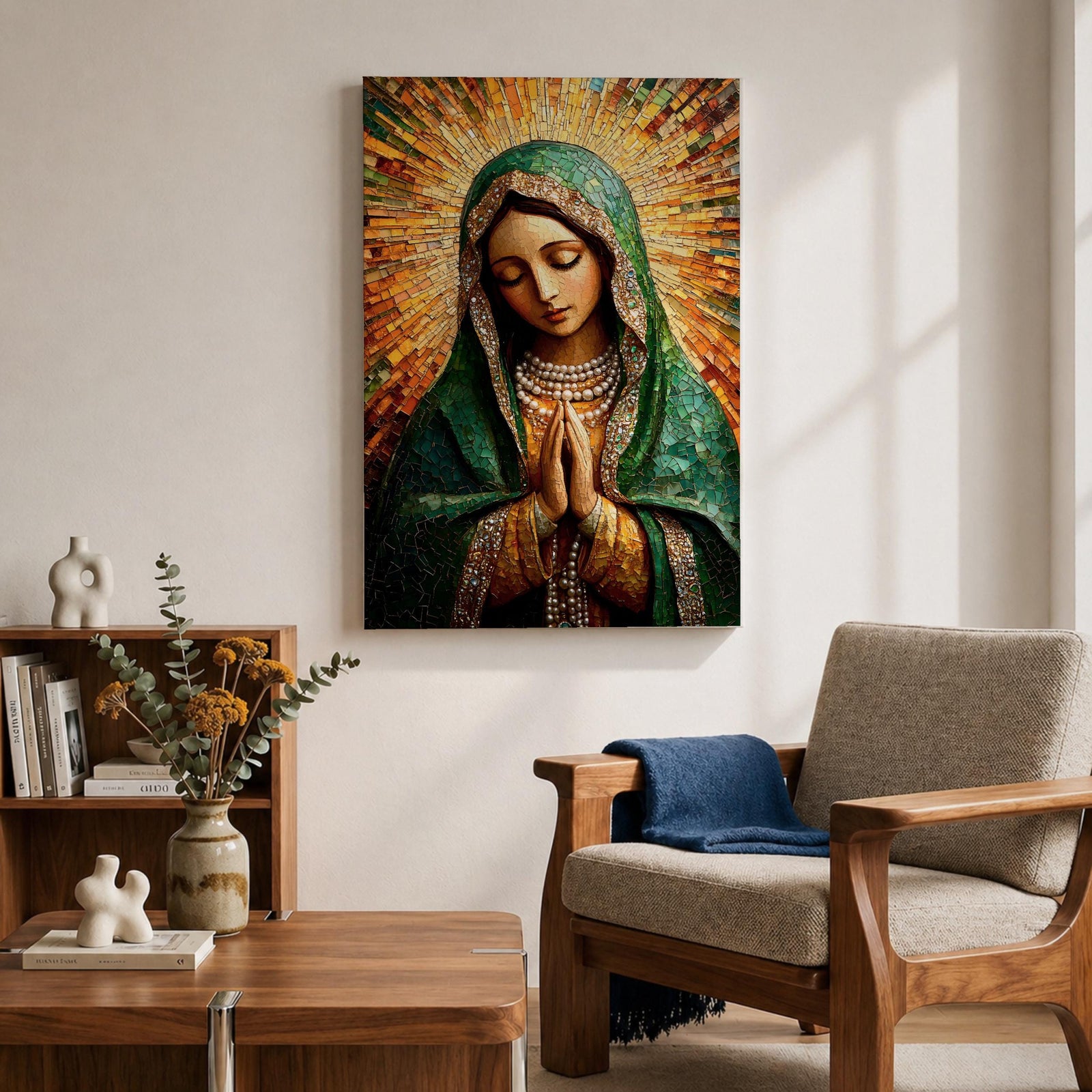 Mosaic style portrait of Our Lady of Guadalupe with hands clasped in prayer, wearing a green mantle and pearl adorned garments while radiant golden rays form a halo behind her head. The composition uses detailed mosaic tile textures to create the Virgin Mary’s serene expression in a traditional Catholic devotional portrait.