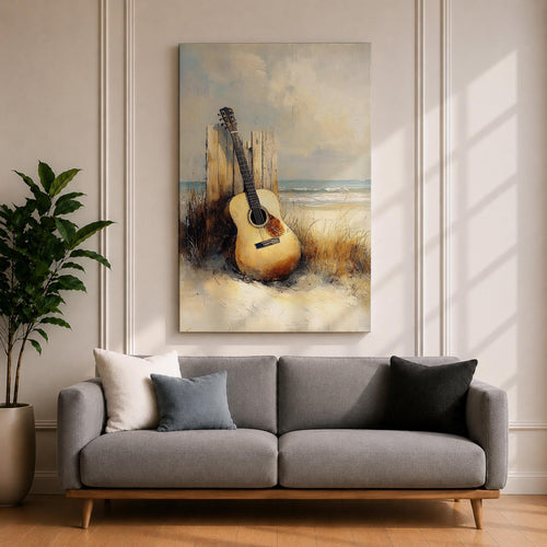 A vintage-style framed canvas painting of an acoustic guitar resting against weathered wooden posts on a sandy beach with coastal grasses and ocean waves in the background, rendered with textured brushstrokes and warm tones capturing a nostalgic coastal music theme.