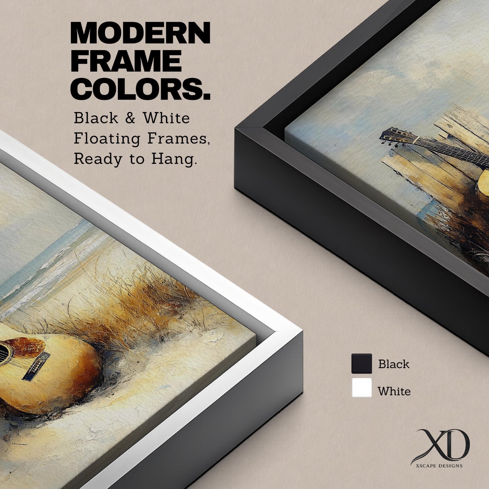 A vintage-style framed canvas painting of an acoustic guitar resting against weathered wooden posts on a sandy beach with coastal grasses and ocean waves in the background, rendered with textured brushstrokes and warm tones capturing a nostalgic coastal music theme.