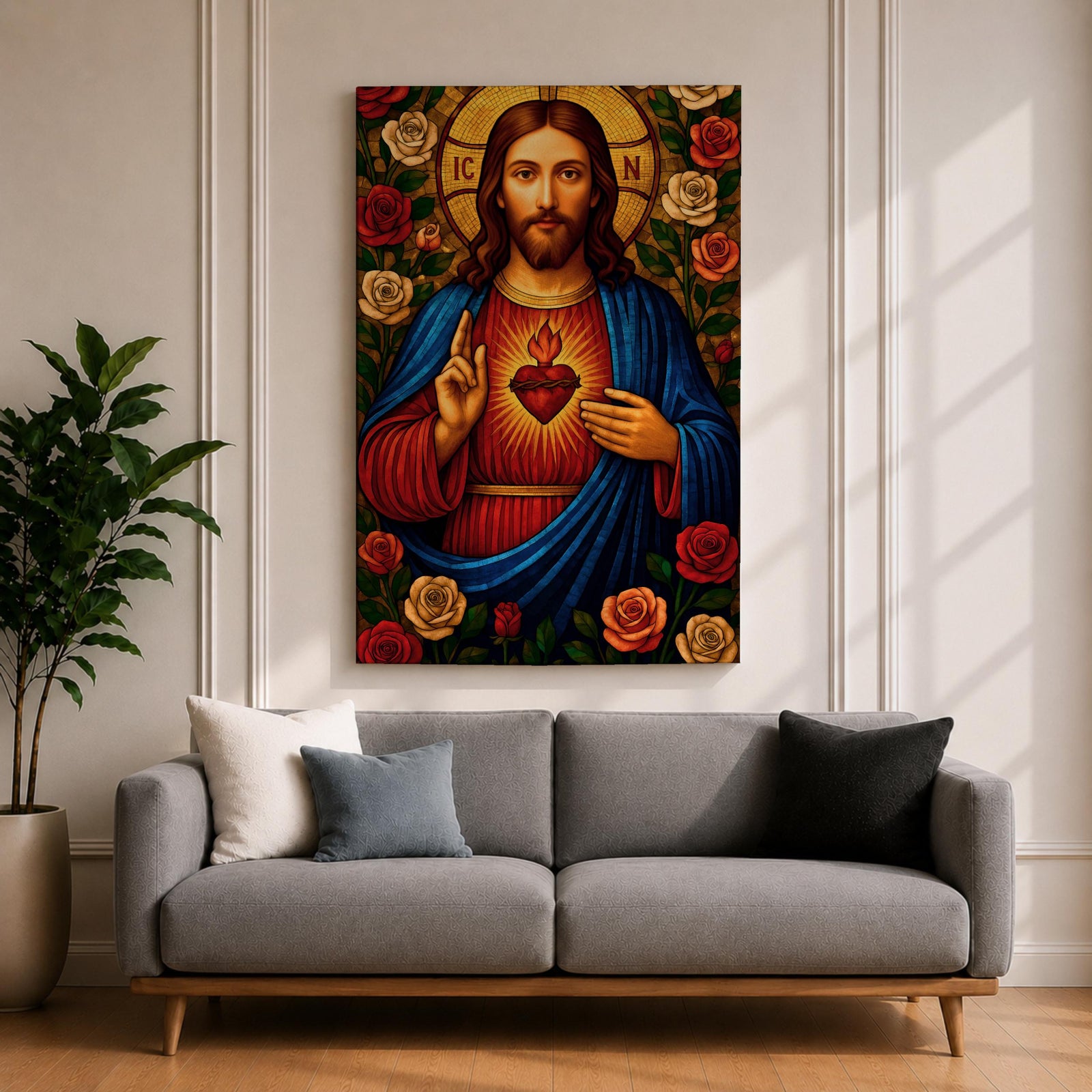 Mosaic style depiction of the Sacred Heart of Jesus showing Christ with long hair and raised blessing hand while pointing to the flaming heart on his chest, surrounded by blooming roses and decorative patterns in a stained glass inspired composition with strong symmetry and detailed religious icon imagery.