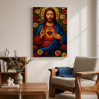 Mosaic style depiction of the Sacred Heart of Jesus showing Christ with long hair and raised blessing hand while pointing to the flaming heart on his chest, surrounded by blooming roses and decorative patterns in a stained glass inspired composition with strong symmetry and detailed religious icon imagery.