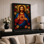 Mosaic style depiction of the Sacred Heart of Jesus showing Christ with long hair and raised blessing hand while pointing to the flaming heart on his chest, surrounded by blooming roses and decorative patterns in a stained glass inspired composition with strong symmetry and detailed religious icon imagery.