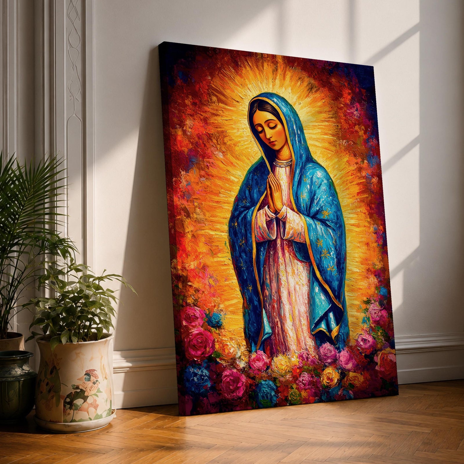 Painting of Our Lady of Guadalupe depicting the Virgin Mary with hands joined in prayer, wearing a blue star covered mantle and pink robe, surrounded by radiant golden light and blooming roses below, rendered in a vibrant devotional style with textured brushwork and a glowing halo typical of traditional Catholic imagery.