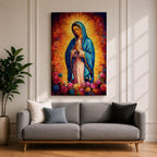 Painting of Our Lady of Guadalupe depicting the Virgin Mary with hands joined in prayer, wearing a blue star covered mantle and pink robe, surrounded by radiant golden light and blooming roses below, rendered in a vibrant devotional style with textured brushwork and a glowing halo typical of traditional Catholic imagery.