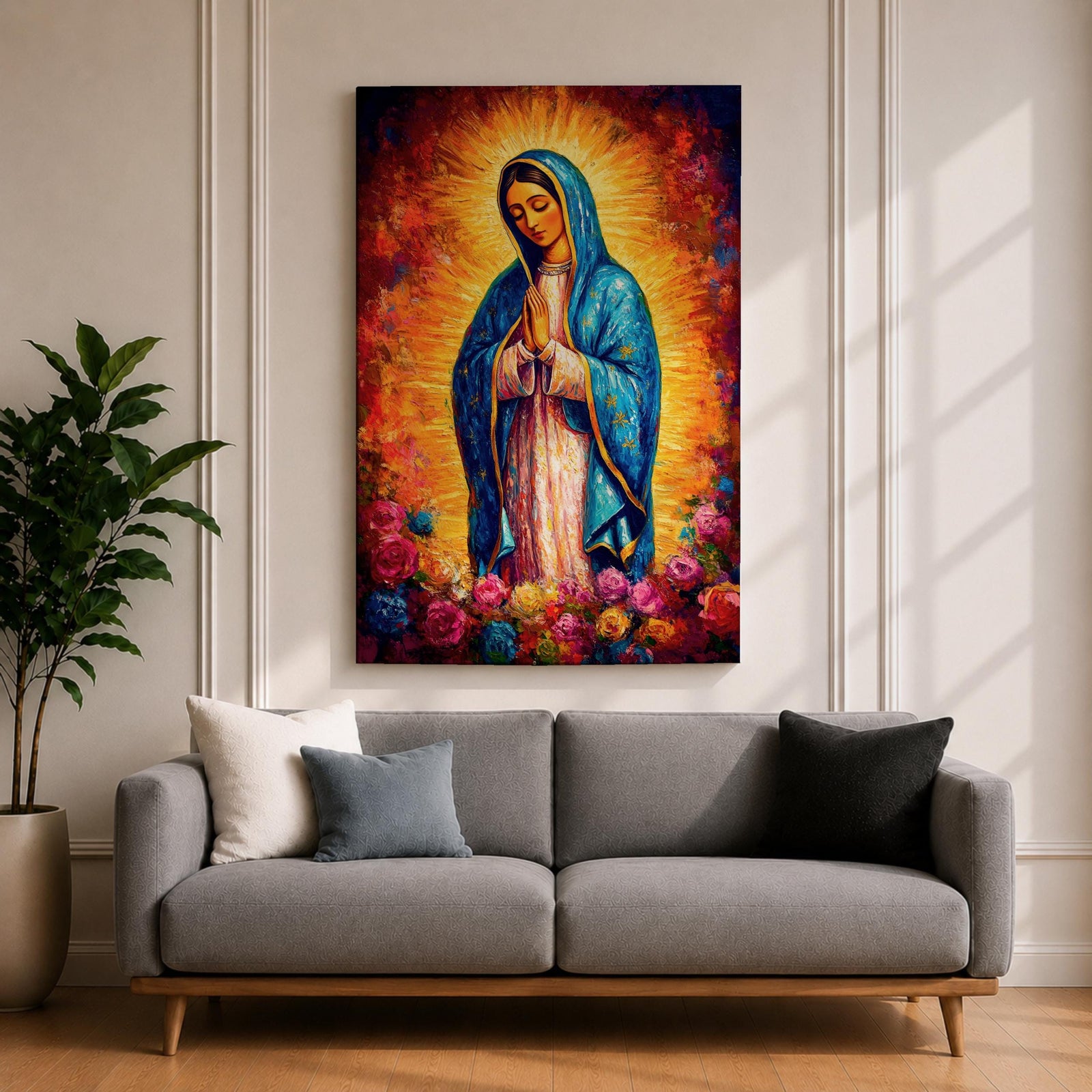 Painting of Our Lady of Guadalupe depicting the Virgin Mary with hands joined in prayer, wearing a blue star covered mantle and pink robe, surrounded by radiant golden light and blooming roses below, rendered in a vibrant devotional style with textured brushwork and a glowing halo typical of traditional Catholic imagery.
