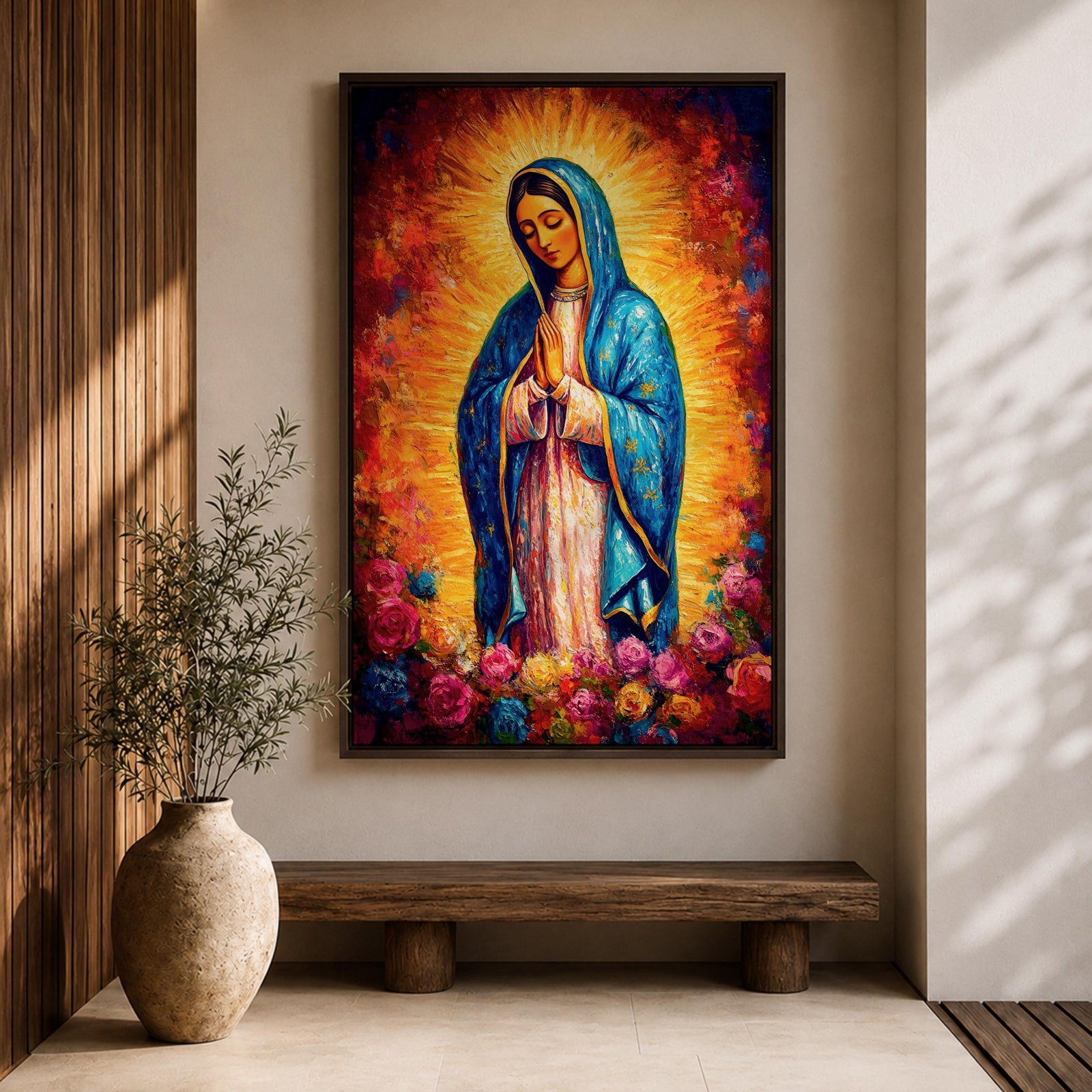 Painting of Our Lady of Guadalupe depicting the Virgin Mary with hands joined in prayer, wearing a blue star covered mantle and pink robe, surrounded by radiant golden light and blooming roses below, rendered in a vibrant devotional style with textured brushwork and a glowing halo typical of traditional Catholic imagery.