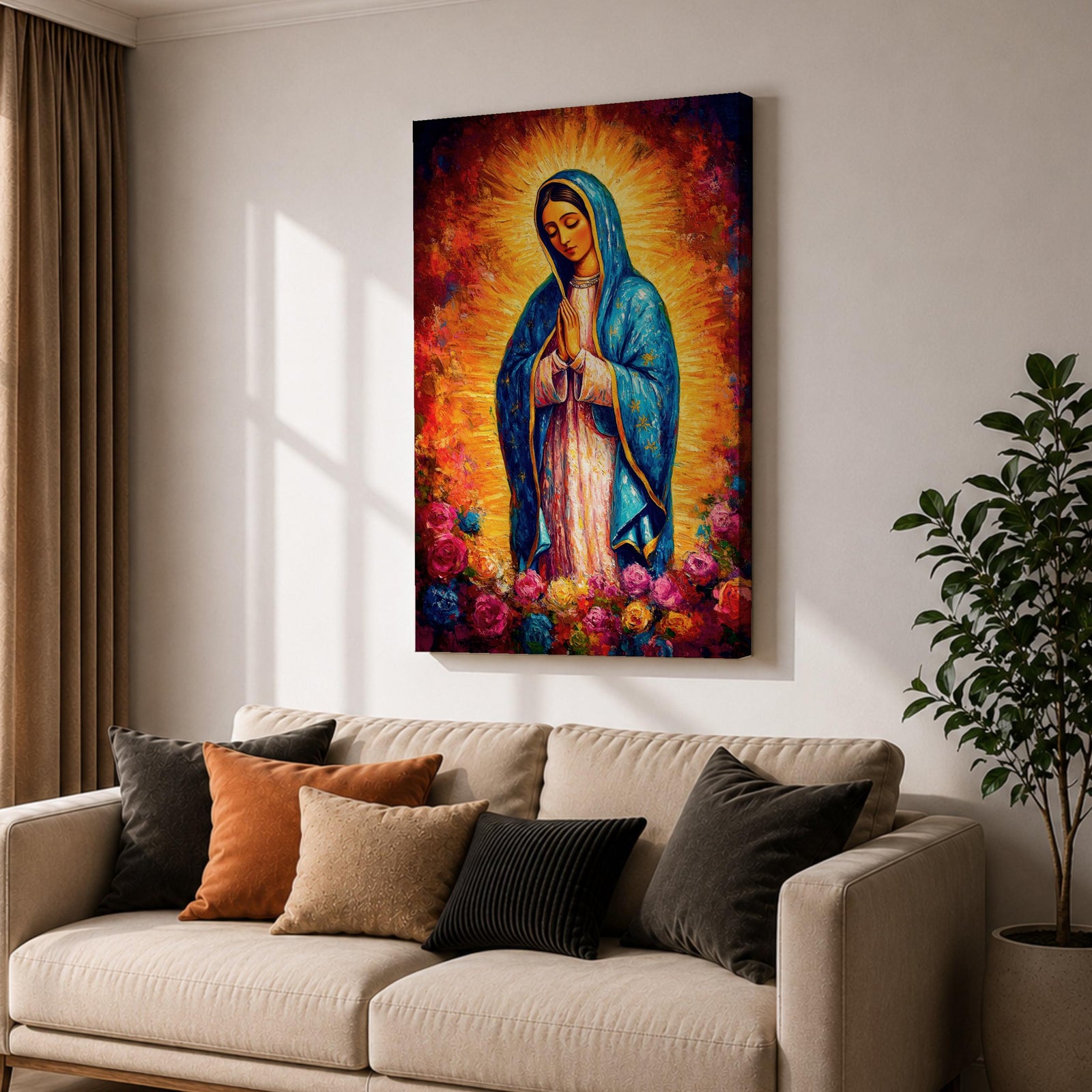 Painting of Our Lady of Guadalupe depicting the Virgin Mary with hands joined in prayer, wearing a blue star covered mantle and pink robe, surrounded by radiant golden light and blooming roses below, rendered in a vibrant devotional style with textured brushwork and a glowing halo typical of traditional Catholic imagery.