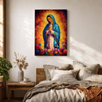 Painting of Our Lady of Guadalupe depicting the Virgin Mary with hands joined in prayer, wearing a blue star covered mantle and pink robe, surrounded by radiant golden light and blooming roses below, rendered in a vibrant devotional style with textured brushwork and a glowing halo typical of traditional Catholic imagery.