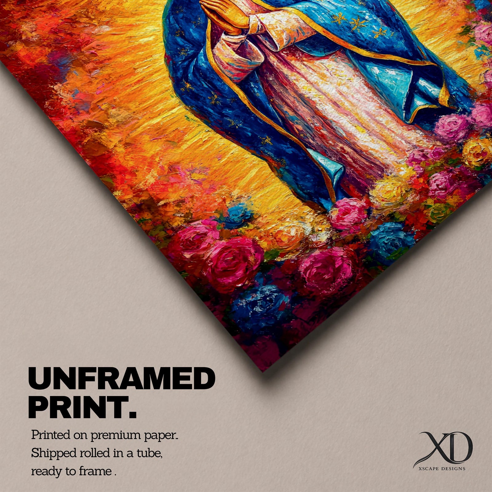 Painting of Our Lady of Guadalupe depicting the Virgin Mary with hands joined in prayer, wearing a blue star covered mantle and pink robe, surrounded by radiant golden light and blooming roses below, rendered in a vibrant devotional style with textured brushwork and a glowing halo typical of traditional Catholic imagery.