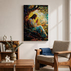 Mosaic style artwork of Jesus Christ seated beneath a large tree with hands joined in prayer, rendered in a stained glass inspired composition with colorful tessellated pieces forming his robe, the tree branches, and a glowing sunrise behind him, creating a devotional Christian scene with strong light and intricate mosaic detailing.