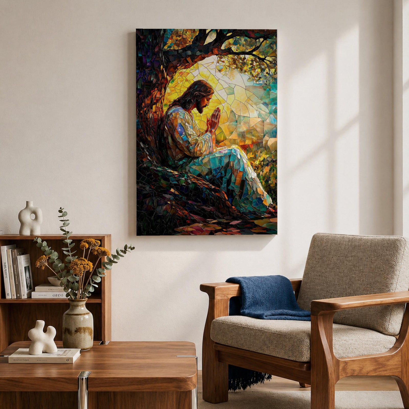 Mosaic style artwork of Jesus Christ seated beneath a large tree with hands joined in prayer, rendered in a stained glass inspired composition with colorful tessellated pieces forming his robe, the tree branches, and a glowing sunrise behind him, creating a devotional Christian scene with strong light and intricate mosaic detailing.