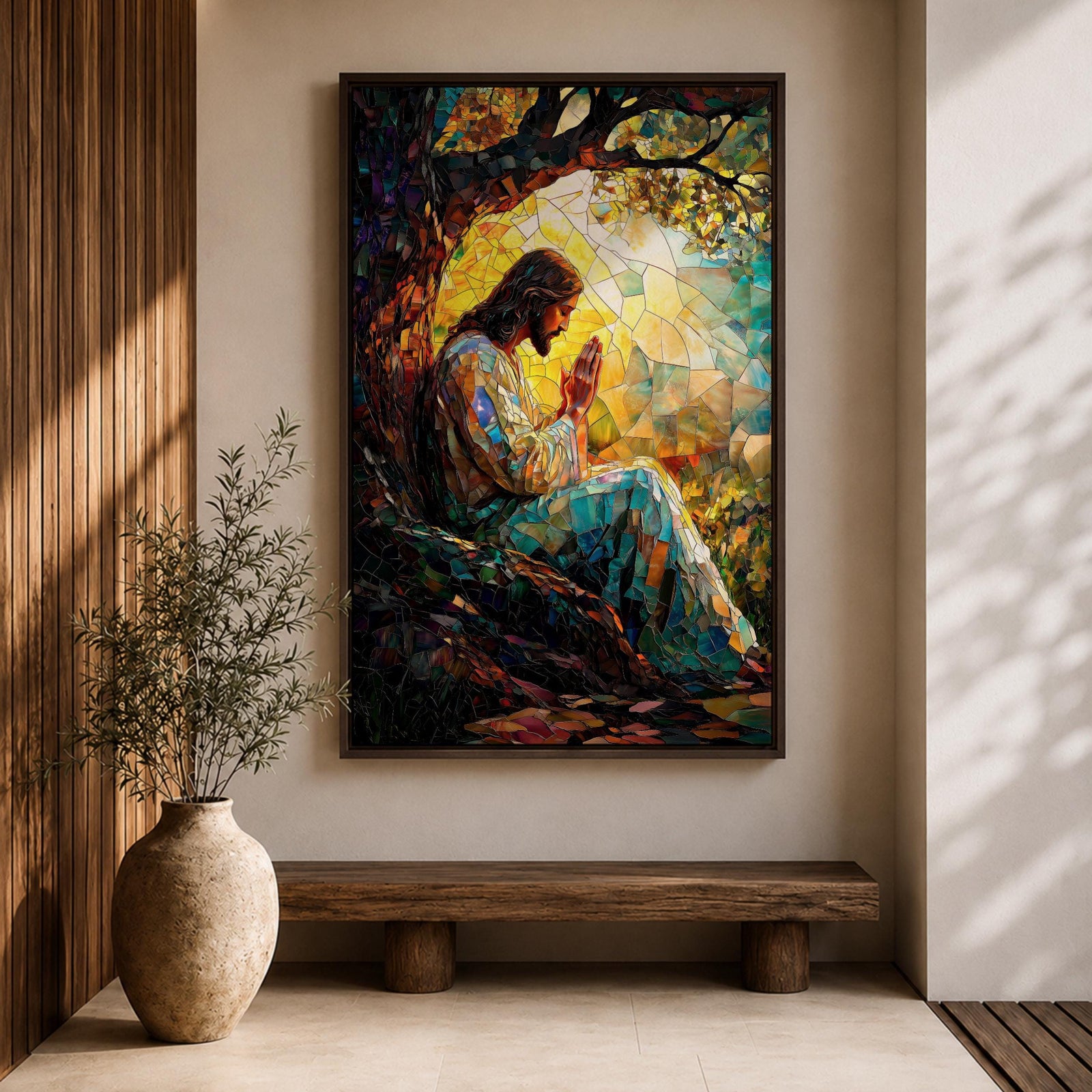 Mosaic style artwork of Jesus Christ seated beneath a large tree with hands joined in prayer, rendered in a stained glass inspired composition with colorful tessellated pieces forming his robe, the tree branches, and a glowing sunrise behind him, creating a devotional Christian scene with strong light and intricate mosaic detailing.