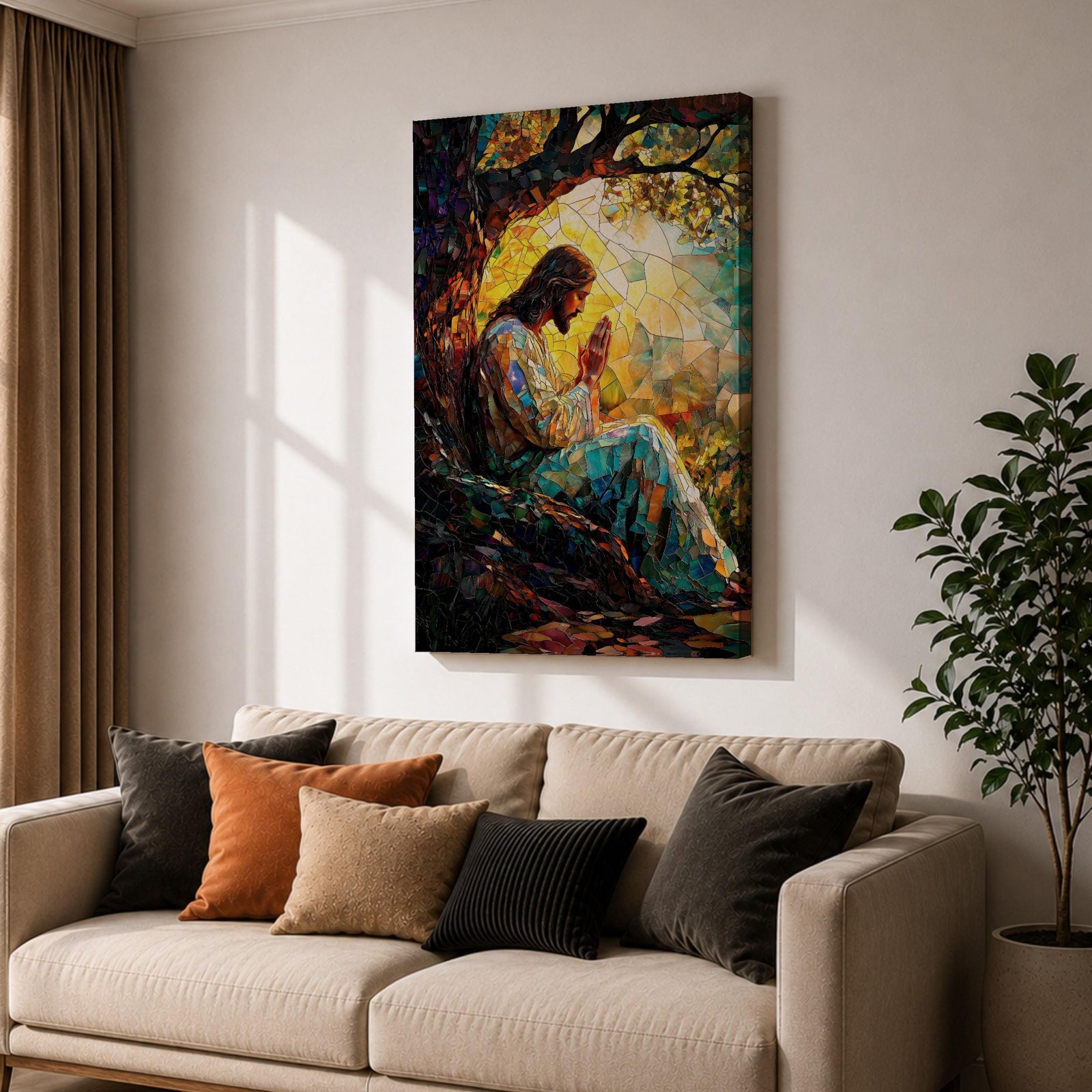 Mosaic style artwork of Jesus Christ seated beneath a large tree with hands joined in prayer, rendered in a stained glass inspired composition with colorful tessellated pieces forming his robe, the tree branches, and a glowing sunrise behind him, creating a devotional Christian scene with strong light and intricate mosaic detailing.