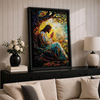 Mosaic style artwork of Jesus Christ seated beneath a large tree with hands joined in prayer, rendered in a stained glass inspired composition with colorful tessellated pieces forming his robe, the tree branches, and a glowing sunrise behind him, creating a devotional Christian scene with strong light and intricate mosaic detailing.