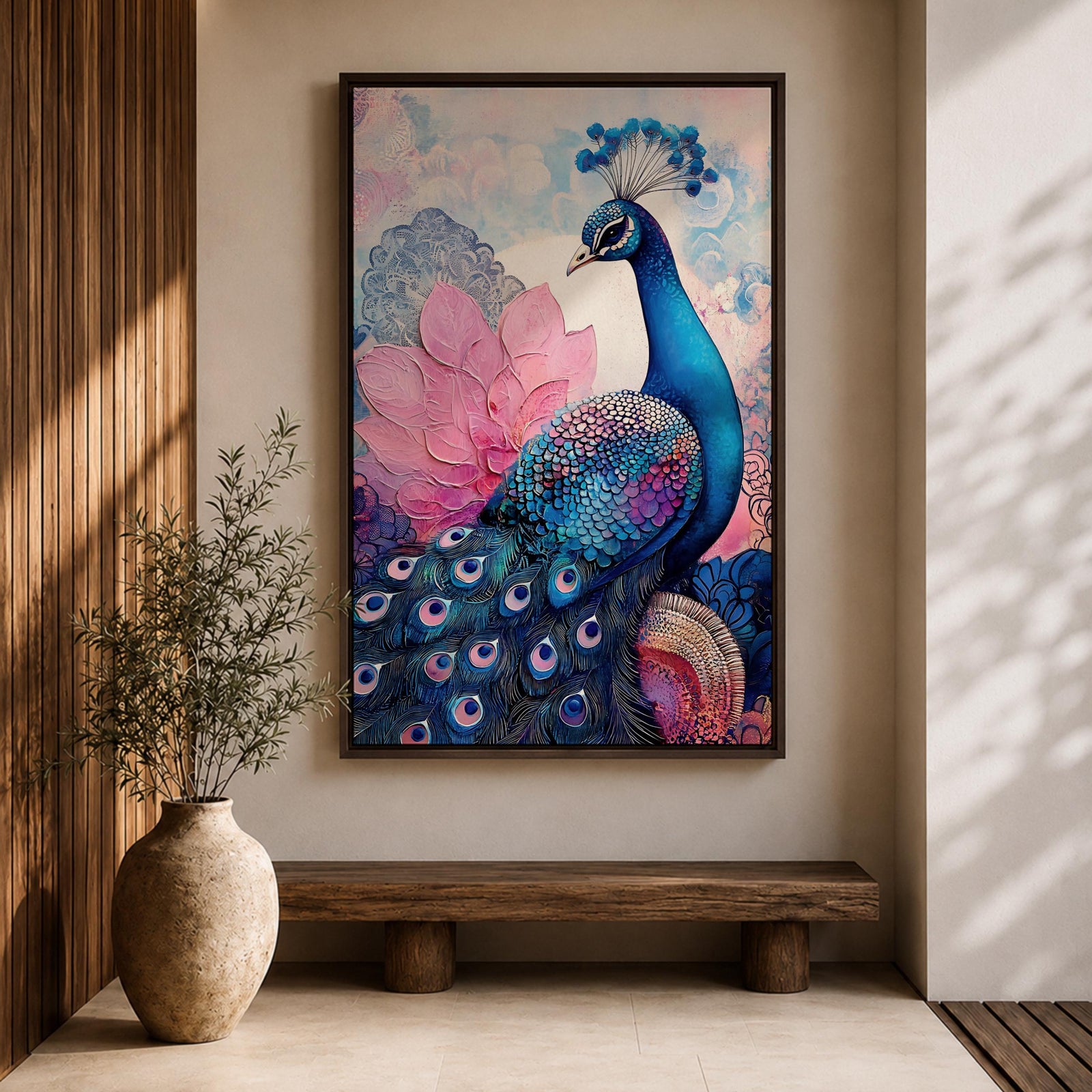 Peacock Bird Wall Art Lotus Peacock Feather Symbol Floral Gift Living Room Home Decor