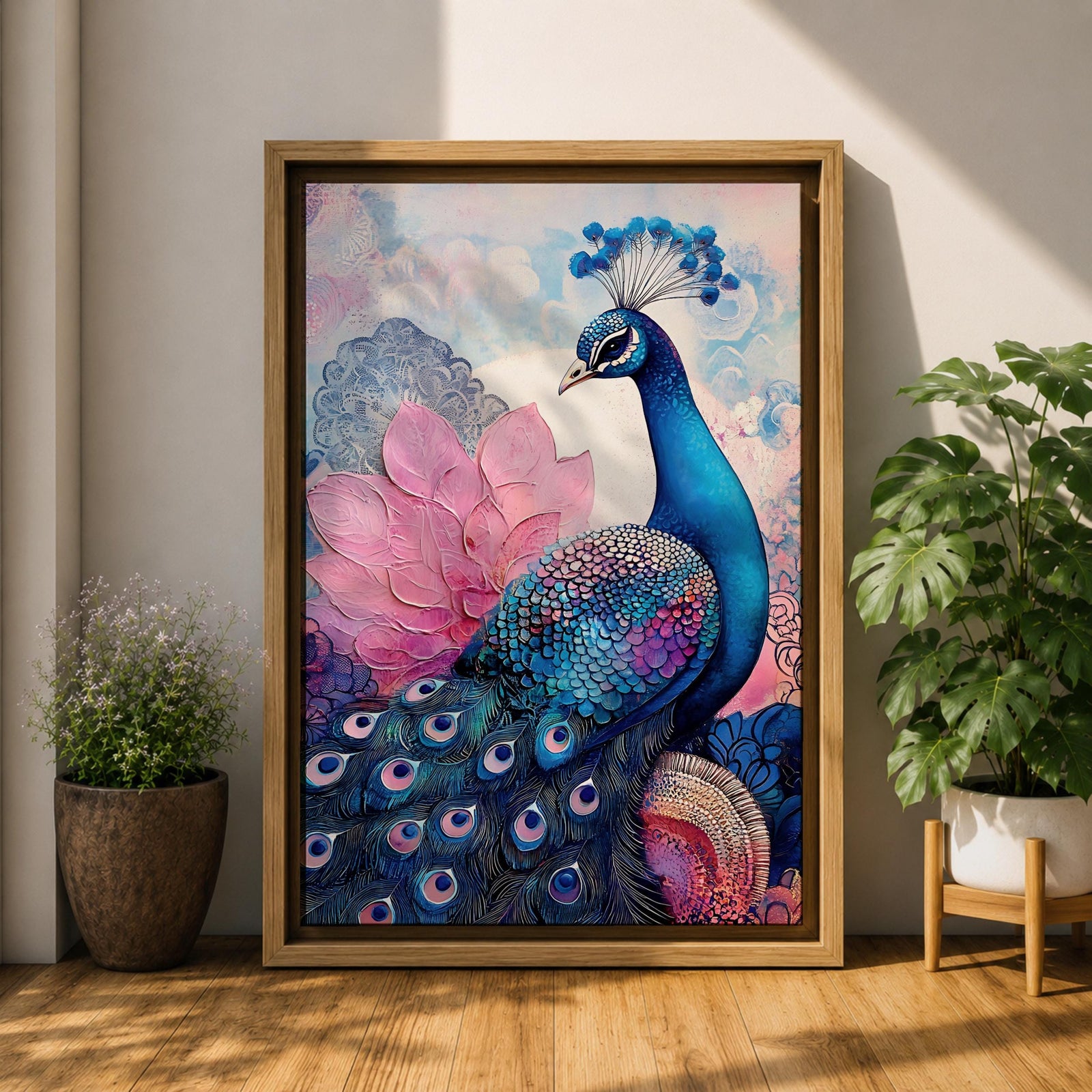 Peacock Bird Wall Art Lotus Peacock Feather Symbol Floral Gift Living Room Home Decor