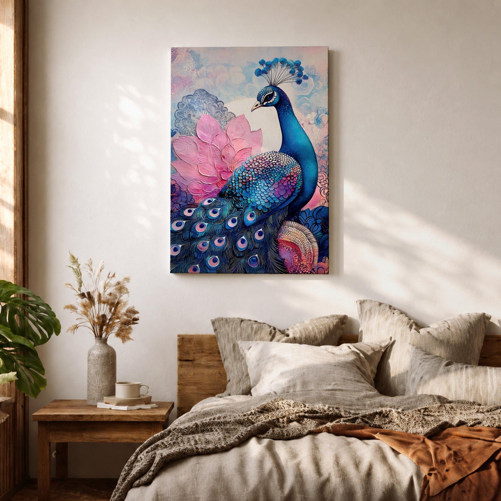 Peacock Bird Wall Art Lotus Peacock Feather Symbol Floral Gift Living Room Home Decor
