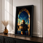 This captivating artwork frames the majestic Dome of the Rock in Jerusalem through a grand golden-arched gateway, its radiant golden dome and blue-tiled octagonal structure reflected perfectly in still water below, set against a vibrant twilight sky blending deep blue with glowing orange and green hues, evoking profound serenity, symmetry, and spiritual awe.