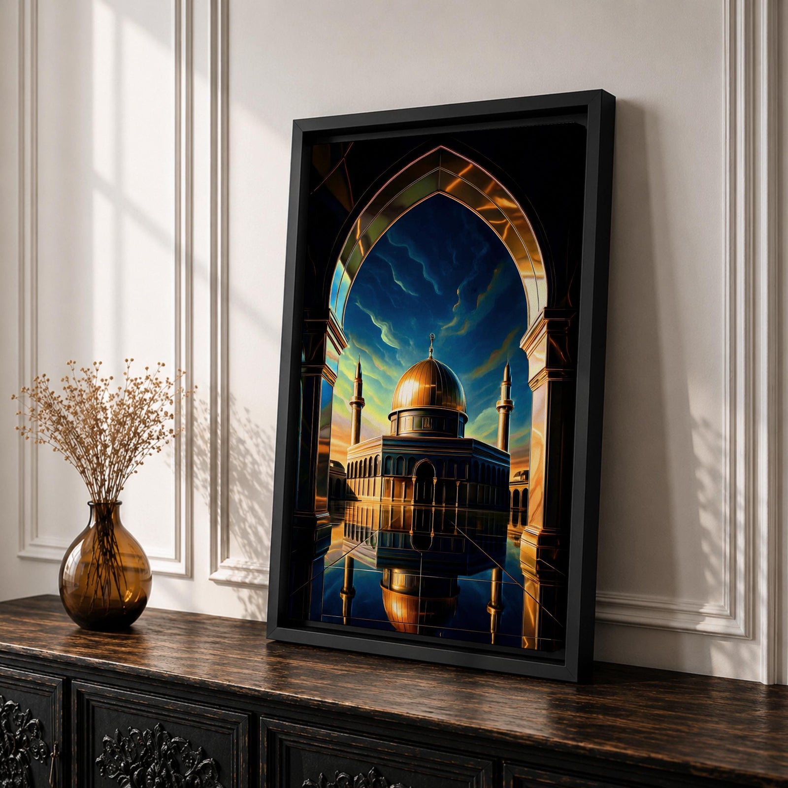 This captivating artwork frames the majestic Dome of the Rock in Jerusalem through a grand golden-arched gateway, its radiant golden dome and blue-tiled octagonal structure reflected perfectly in still water below, set against a vibrant twilight sky blending deep blue with glowing orange and green hues, evoking profound serenity, symmetry, and spiritual awe.