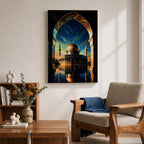 This captivating artwork frames the majestic Dome of the Rock in Jerusalem through a grand golden-arched gateway, its radiant golden dome and blue-tiled octagonal structure reflected perfectly in still water below, set against a vibrant twilight sky blending deep blue with glowing orange and green hues, evoking profound serenity, symmetry, and spiritual awe.