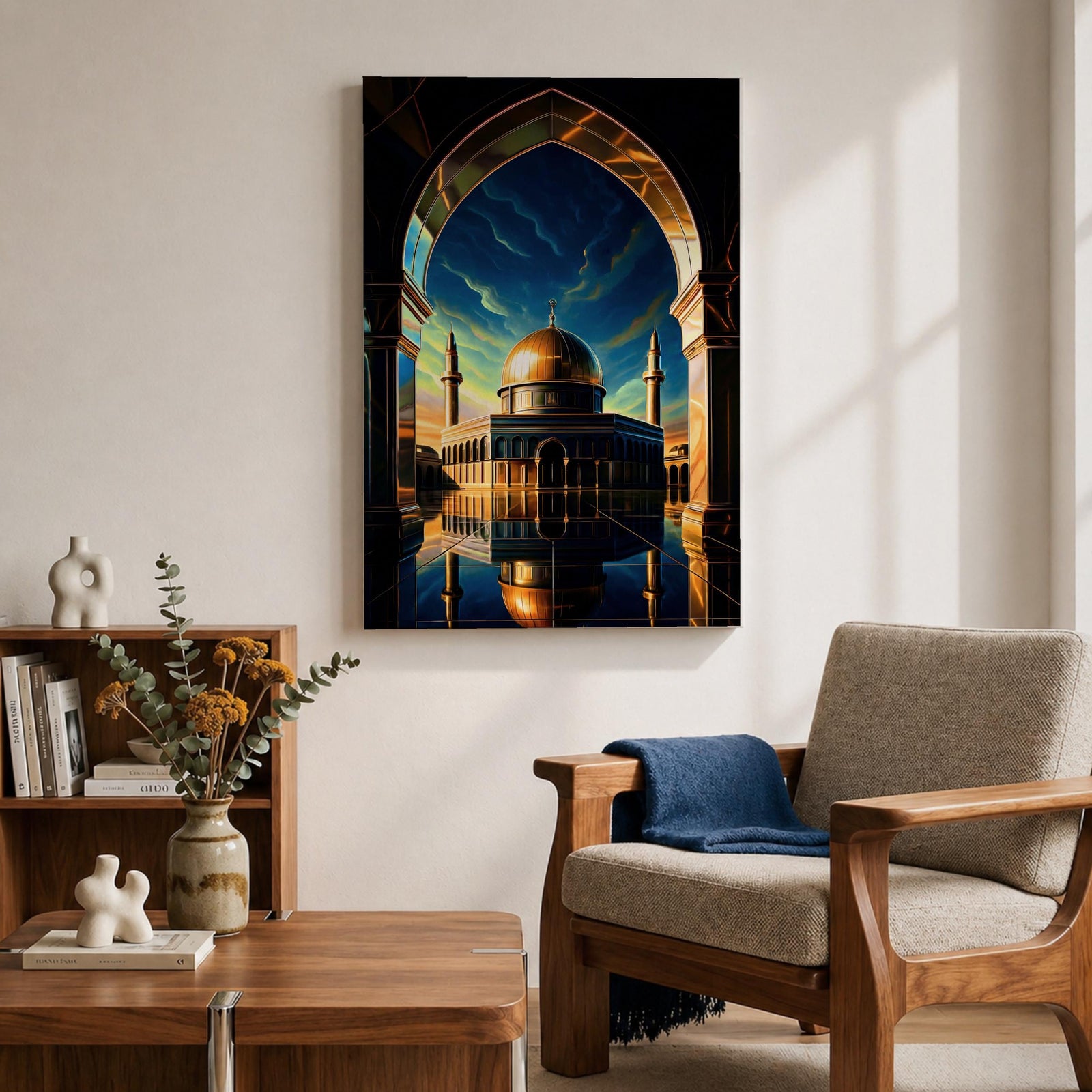This captivating artwork frames the majestic Dome of the Rock in Jerusalem through a grand golden-arched gateway, its radiant golden dome and blue-tiled octagonal structure reflected perfectly in still water below, set against a vibrant twilight sky blending deep blue with glowing orange and green hues, evoking profound serenity, symmetry, and spiritual awe.