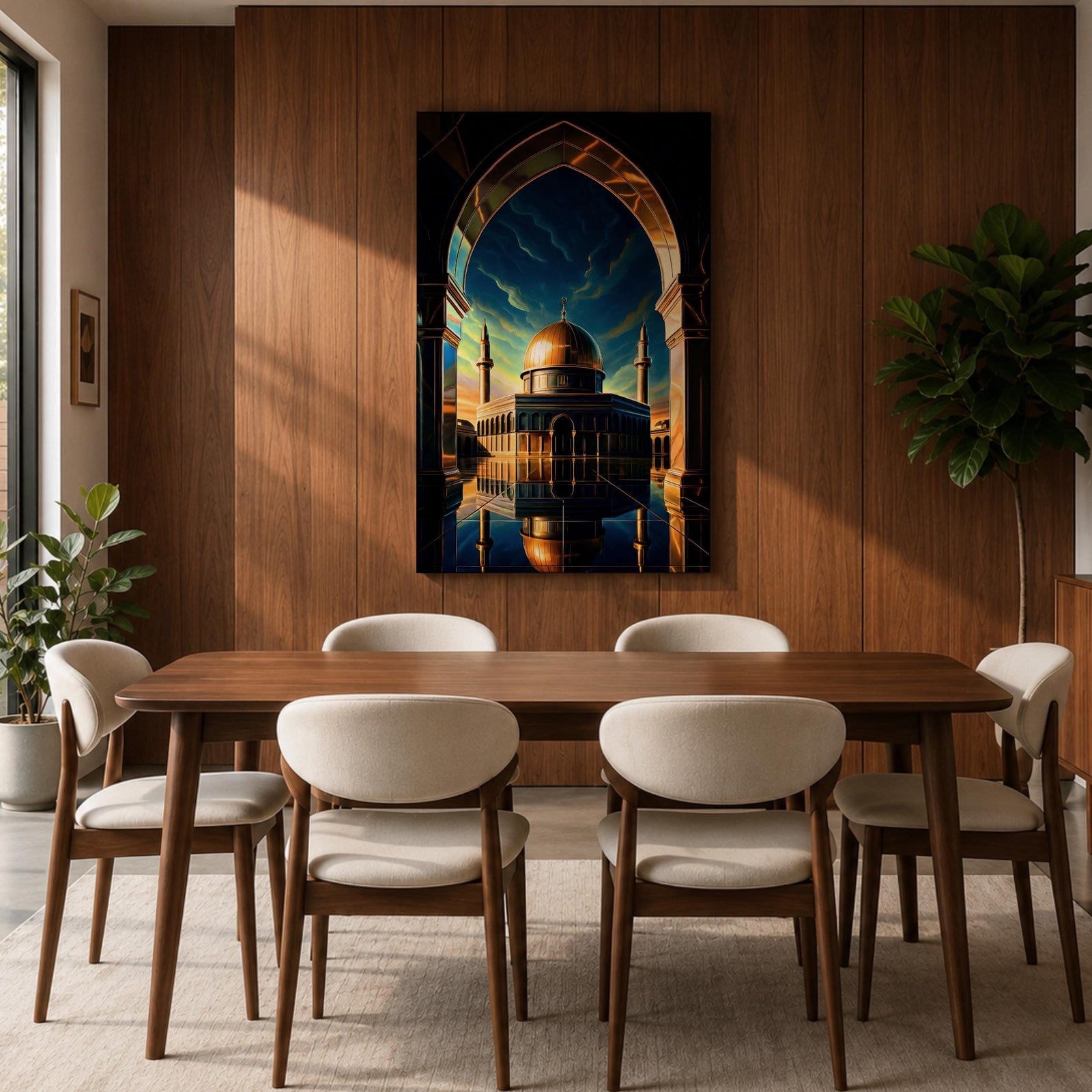 This captivating artwork frames the majestic Dome of the Rock in Jerusalem through a grand golden-arched gateway, its radiant golden dome and blue-tiled octagonal structure reflected perfectly in still water below, set against a vibrant twilight sky blending deep blue with glowing orange and green hues, evoking profound serenity, symmetry, and spiritual awe.