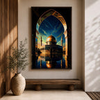 This captivating artwork frames the majestic Dome of the Rock in Jerusalem through a grand golden-arched gateway, its radiant golden dome and blue-tiled octagonal structure reflected perfectly in still water below, set against a vibrant twilight sky blending deep blue with glowing orange and green hues, evoking profound serenity, symmetry, and spiritual awe.