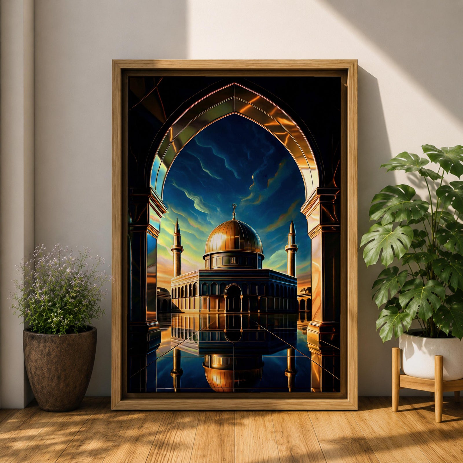 This captivating artwork frames the majestic Dome of the Rock in Jerusalem through a grand golden-arched gateway, its radiant golden dome and blue-tiled octagonal structure reflected perfectly in still water below, set against a vibrant twilight sky blending deep blue with glowing orange and green hues, evoking profound serenity, symmetry, and spiritual awe.