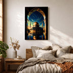 This captivating artwork frames the majestic Dome of the Rock in Jerusalem through a grand golden-arched gateway, its radiant golden dome and blue-tiled octagonal structure reflected perfectly in still water below, set against a vibrant twilight sky blending deep blue with glowing orange and green hues, evoking profound serenity, symmetry, and spiritual awe.