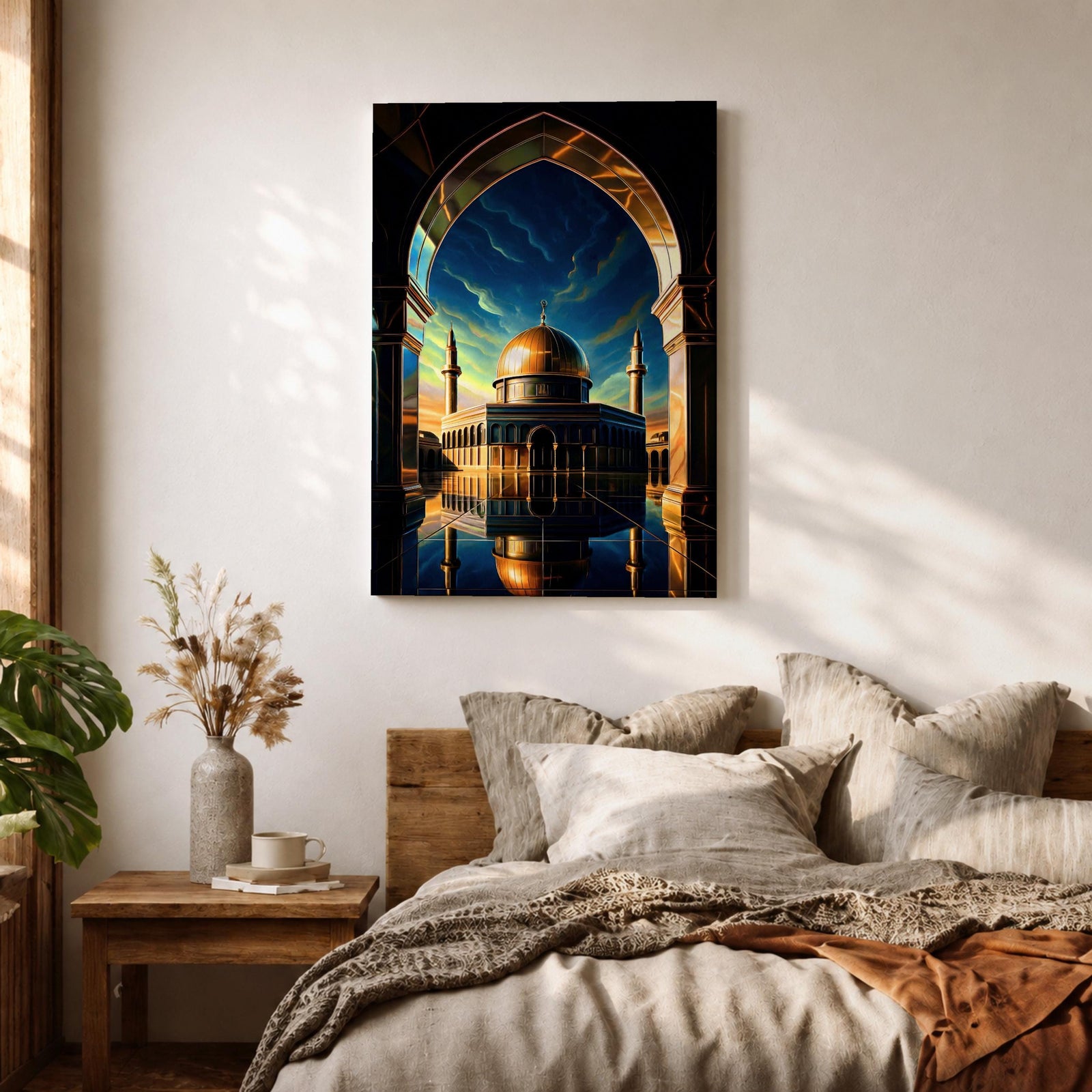 This captivating artwork frames the majestic Dome of the Rock in Jerusalem through a grand golden-arched gateway, its radiant golden dome and blue-tiled octagonal structure reflected perfectly in still water below, set against a vibrant twilight sky blending deep blue with glowing orange and green hues, evoking profound serenity, symmetry, and spiritual awe.