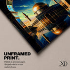 This captivating artwork frames the majestic Dome of the Rock in Jerusalem through a grand golden-arched gateway, its radiant golden dome and blue-tiled octagonal structure reflected perfectly in still water below, set against a vibrant twilight sky blending deep blue with glowing orange and green hues, evoking profound serenity, symmetry, and spiritual awe.