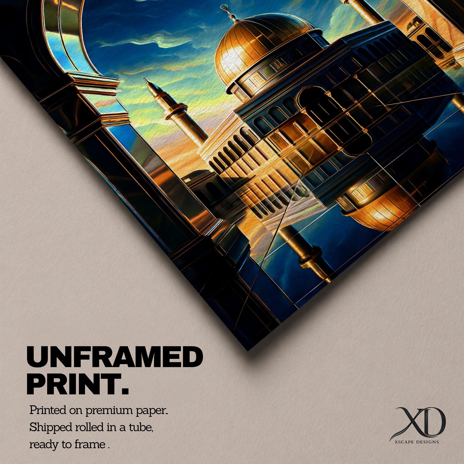 This captivating artwork frames the majestic Dome of the Rock in Jerusalem through a grand golden-arched gateway, its radiant golden dome and blue-tiled octagonal structure reflected perfectly in still water below, set against a vibrant twilight sky blending deep blue with glowing orange and green hues, evoking profound serenity, symmetry, and spiritual awe.