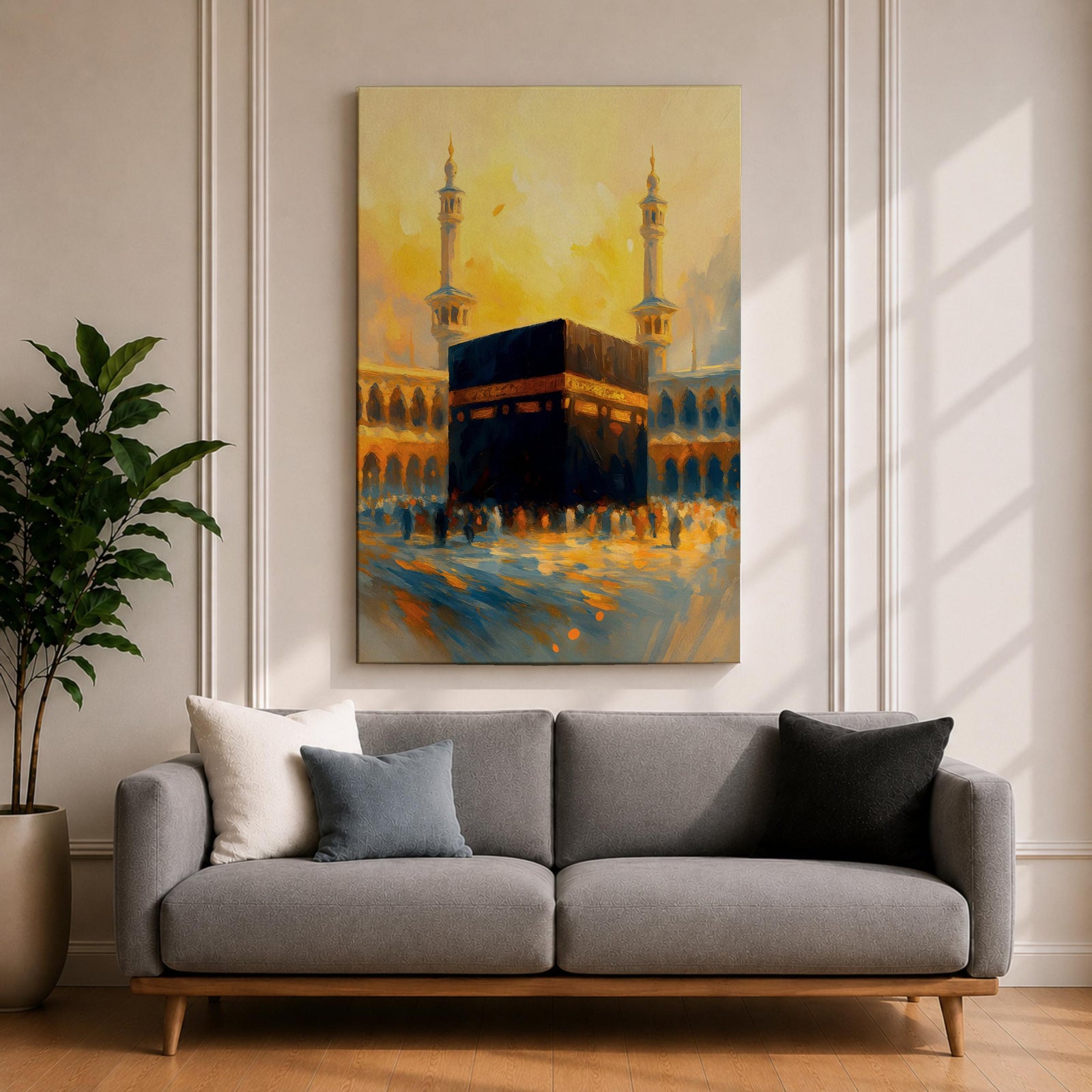 This expressive textured painting of the Kaaba in Masjid al-Haram features the black cube with golden band amid a crowd of pilgrims, framed by tall minarets and arched colonnades under a glowing golden-hour sky with warm orange-yellow tones blending into blue shadows, conveying spiritual energy, movement, and the sacred atmosphere of Mecca.