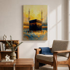 This expressive textured painting of the Kaaba in Masjid al-Haram features the black cube with golden band amid a crowd of pilgrims, framed by tall minarets and arched colonnades under a glowing golden-hour sky with warm orange-yellow tones blending into blue shadows, conveying spiritual energy, movement, and the sacred atmosphere of Mecca.