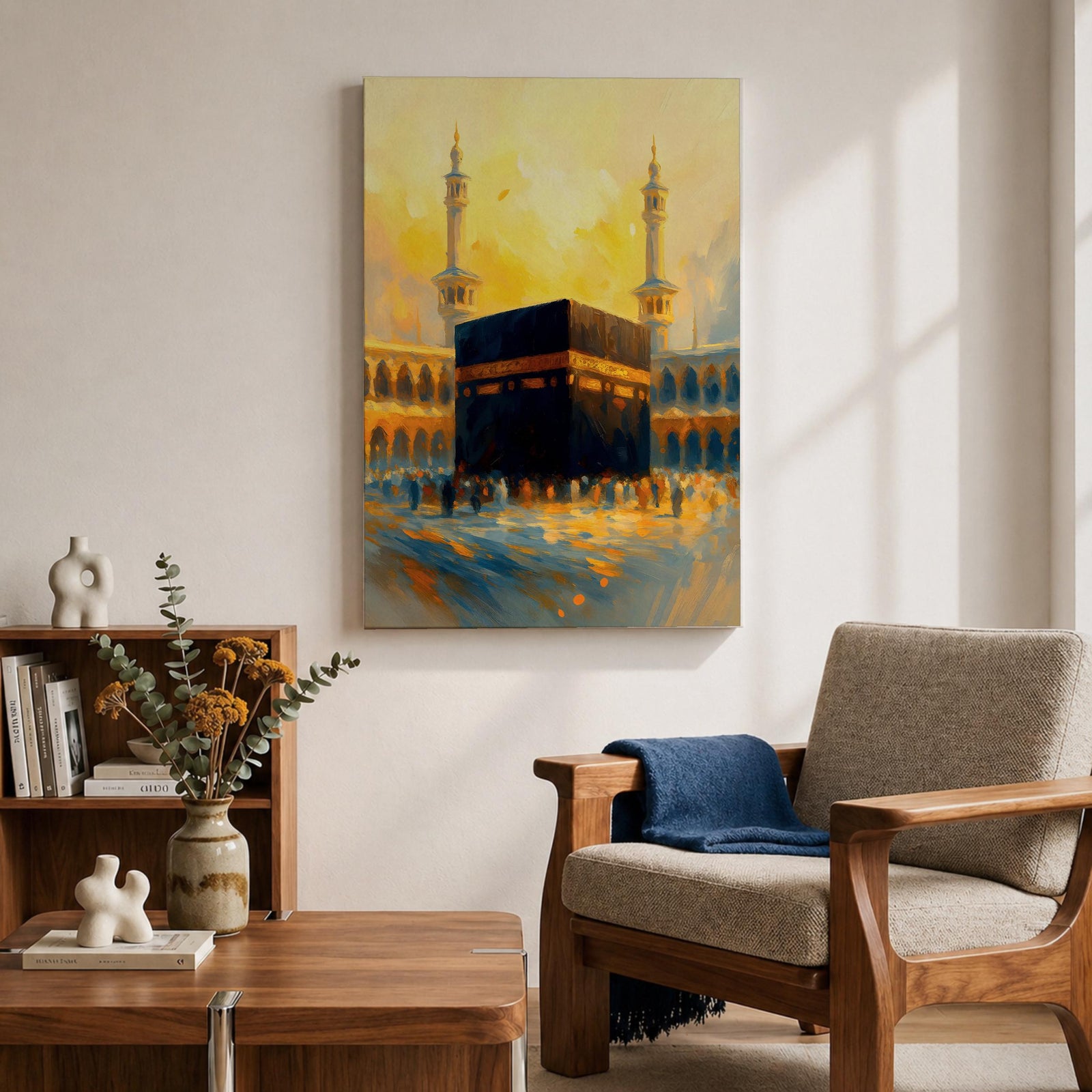 This expressive textured painting of the Kaaba in Masjid al-Haram features the black cube with golden band amid a crowd of pilgrims, framed by tall minarets and arched colonnades under a glowing golden-hour sky with warm orange-yellow tones blending into blue shadows, conveying spiritual energy, movement, and the sacred atmosphere of Mecca.