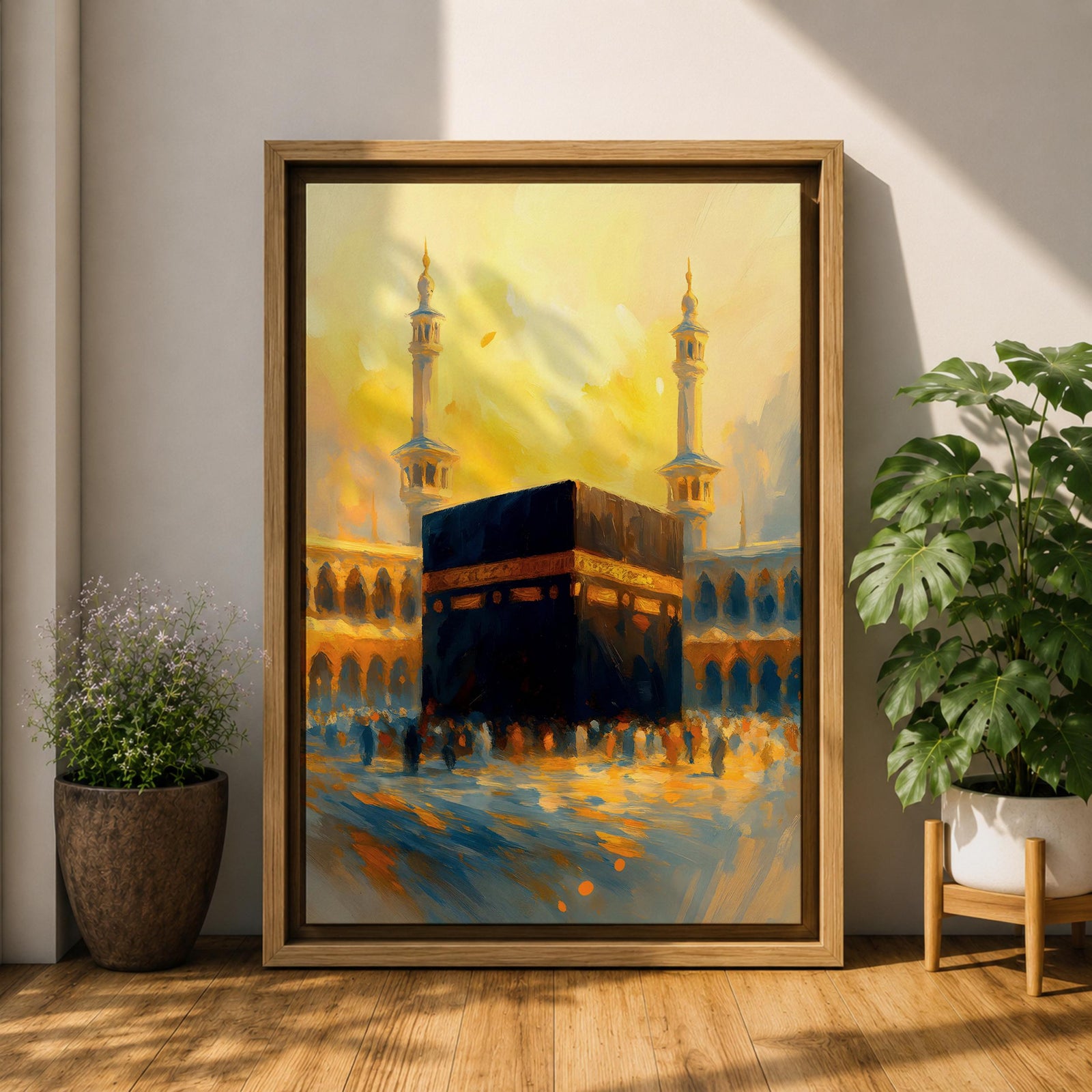 This expressive textured painting of the Kaaba in Masjid al-Haram features the black cube with golden band amid a crowd of pilgrims, framed by tall minarets and arched colonnades under a glowing golden-hour sky with warm orange-yellow tones blending into blue shadows, conveying spiritual energy, movement, and the sacred atmosphere of Mecca.