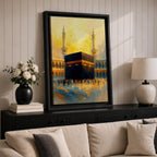 This expressive textured painting of the Kaaba in Masjid al-Haram features the black cube with golden band amid a crowd of pilgrims, framed by tall minarets and arched colonnades under a glowing golden-hour sky with warm orange-yellow tones blending into blue shadows, conveying spiritual energy, movement, and the sacred atmosphere of Mecca.