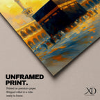 This expressive textured painting of the Kaaba in Masjid al-Haram features the black cube with golden band amid a crowd of pilgrims, framed by tall minarets and arched colonnades under a glowing golden-hour sky with warm orange-yellow tones blending into blue shadows, conveying spiritual energy, movement, and the sacred atmosphere of Mecca.