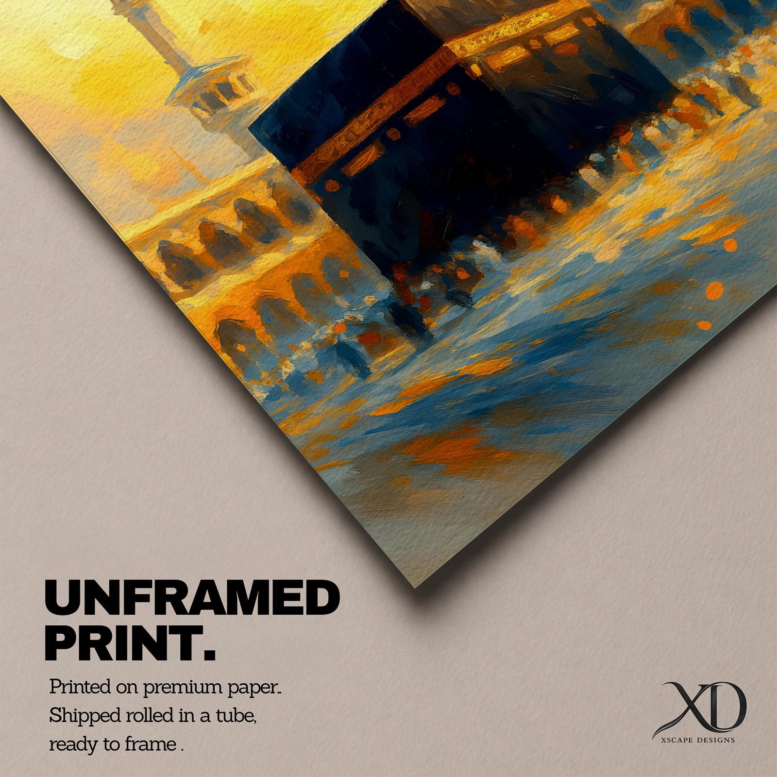 This expressive textured painting of the Kaaba in Masjid al-Haram features the black cube with golden band amid a crowd of pilgrims, framed by tall minarets and arched colonnades under a glowing golden-hour sky with warm orange-yellow tones blending into blue shadows, conveying spiritual energy, movement, and the sacred atmosphere of Mecca.