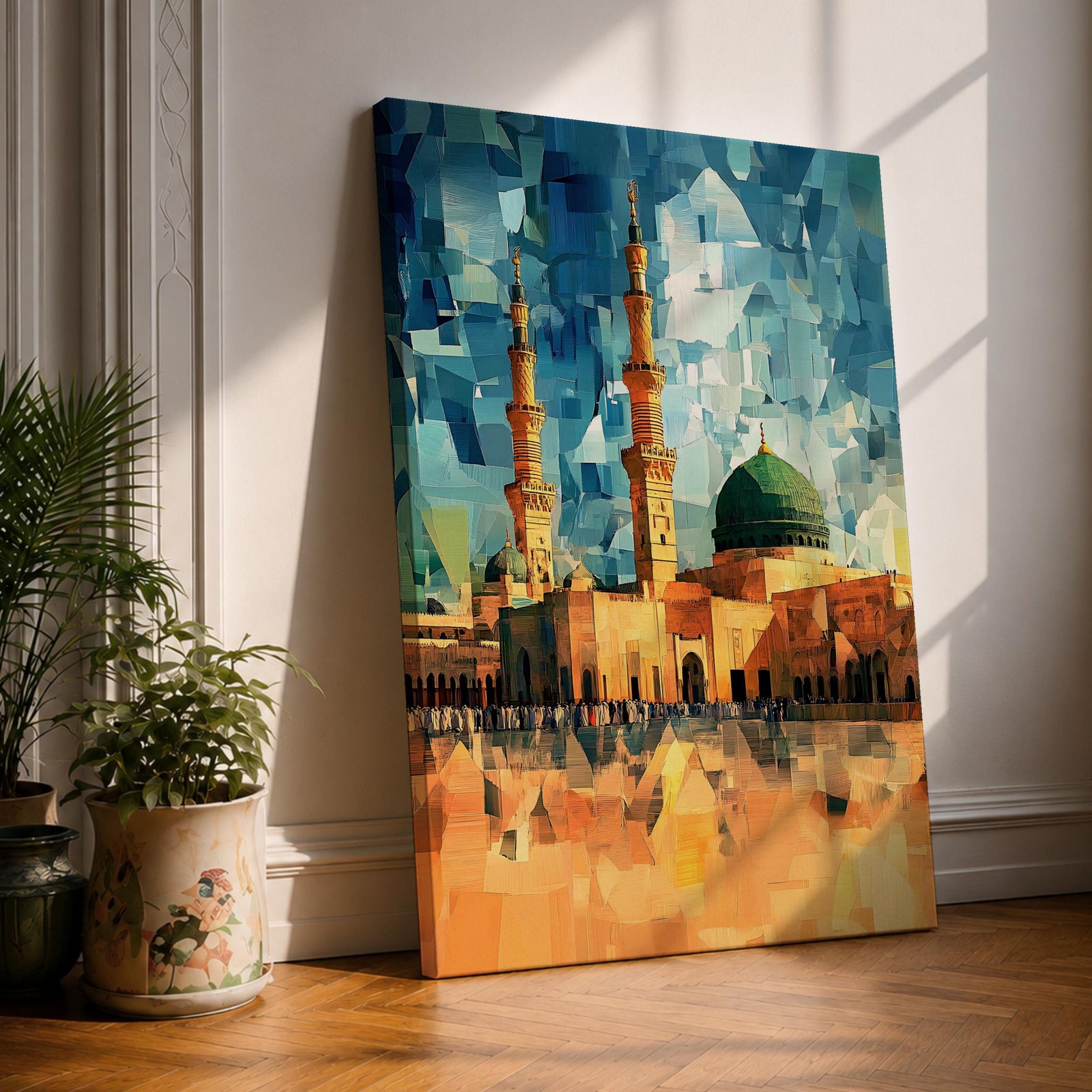 This geometric-style artwork reimagines Masjid an-Nabawi in Medina with angular, faceted forms in vibrant blue and teal shards, featuring the iconic green dome, tall minarets, and expansive courtyard filled with pilgrims under a warm orange sky, creating a modern, abstract, and spiritually dynamic representation of the Prophet's Mosque.