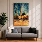This geometric-style artwork reimagines Masjid an-Nabawi in Medina with angular, faceted forms in vibrant blue and teal shards, featuring the iconic green dome, tall minarets, and expansive courtyard filled with pilgrims under a warm orange sky, creating a modern, abstract, and spiritually dynamic representation of the Prophet's Mosque.