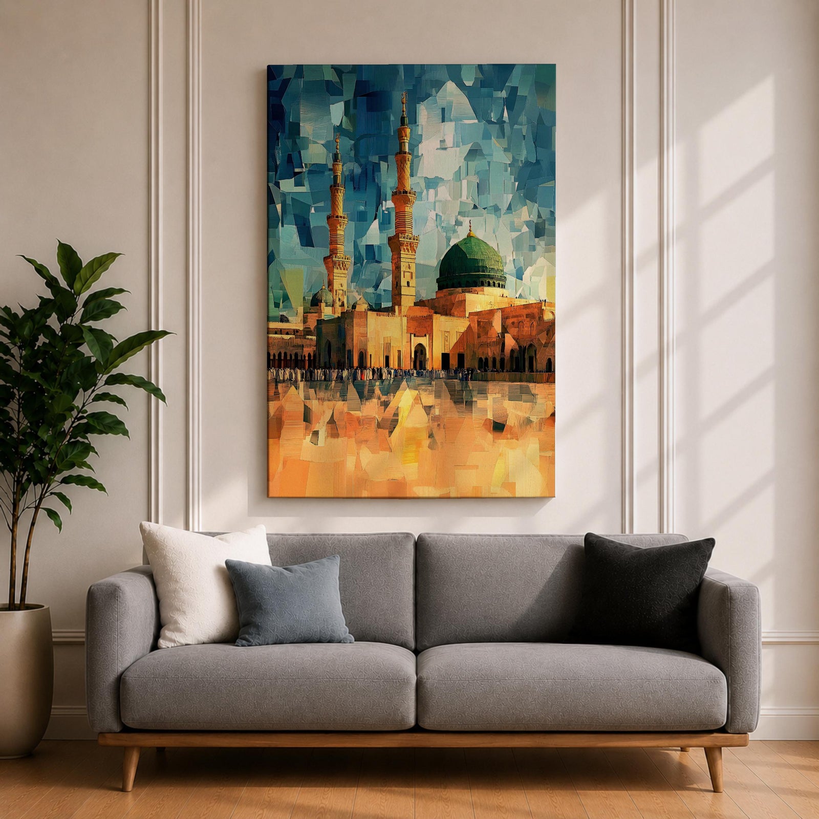 This geometric-style artwork reimagines Masjid an-Nabawi in Medina with angular, faceted forms in vibrant blue and teal shards, featuring the iconic green dome, tall minarets, and expansive courtyard filled with pilgrims under a warm orange sky, creating a modern, abstract, and spiritually dynamic representation of the Prophet's Mosque.